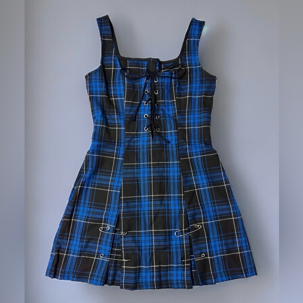 Lip Service Punk & Disorderly Blue Plaid Mini Dress Safety Pin S vintage y2k